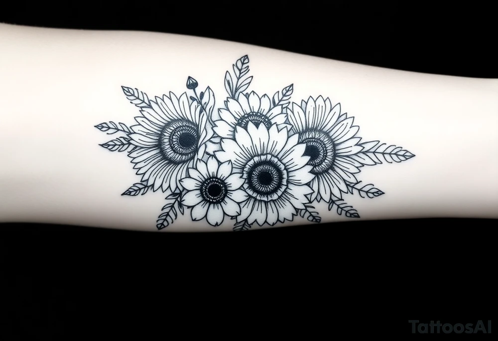 Large floral design with multiple types of flowers including sunflowers covering a large area tattoo idea