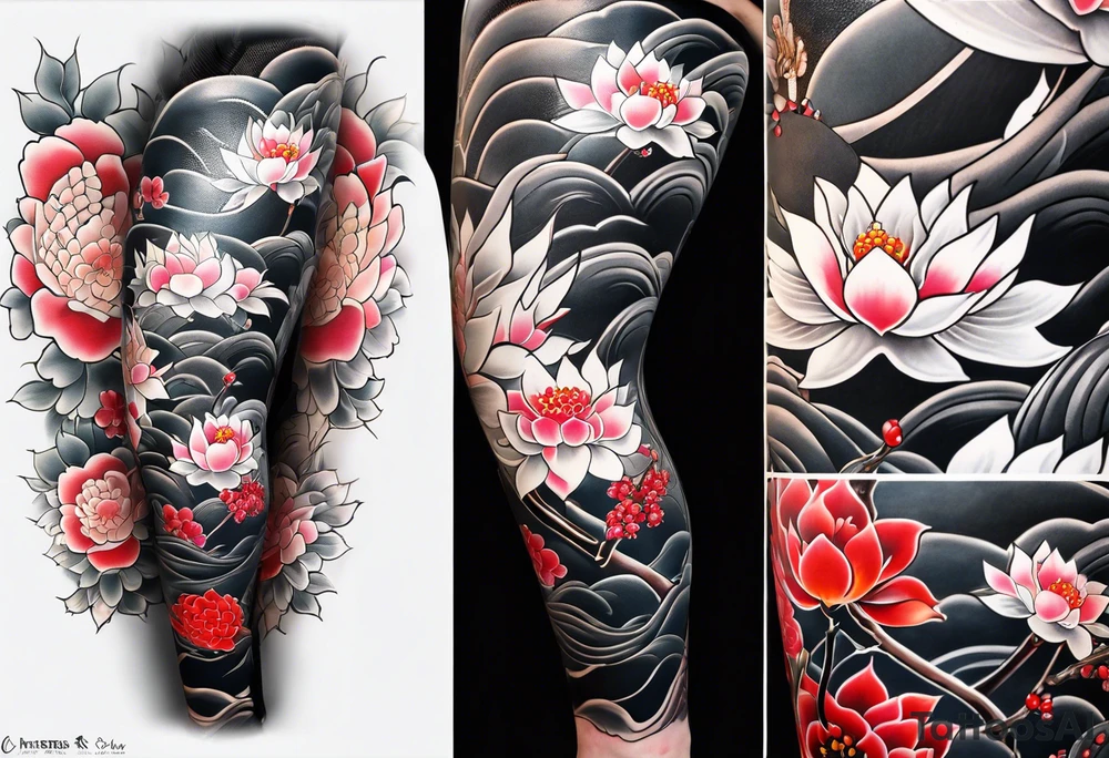 traditional irezumi full leg sleeve with the following elements: crane, cherry blossoms, and lotus flowers tattoo idea