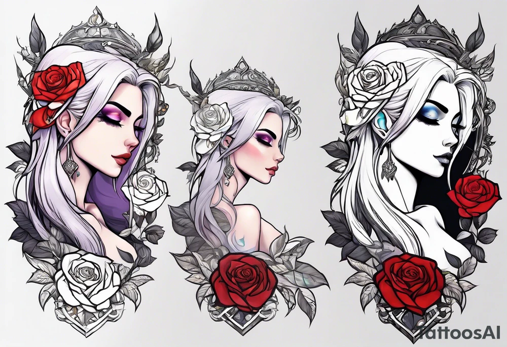 night elf full body with white hair and roses tattoo idea