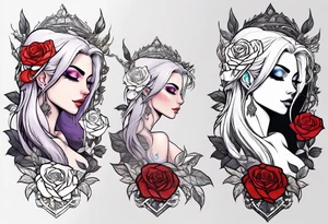 night elf full body with white hair and roses tattoo idea
