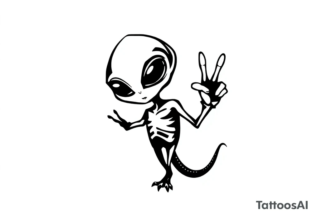 A silhouette stencil style drawing of a cute alien giving a peace sign tattoo idea