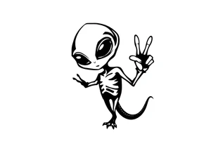 A silhouette stencil style drawing of a cute alien giving a peace sign tattoo idea