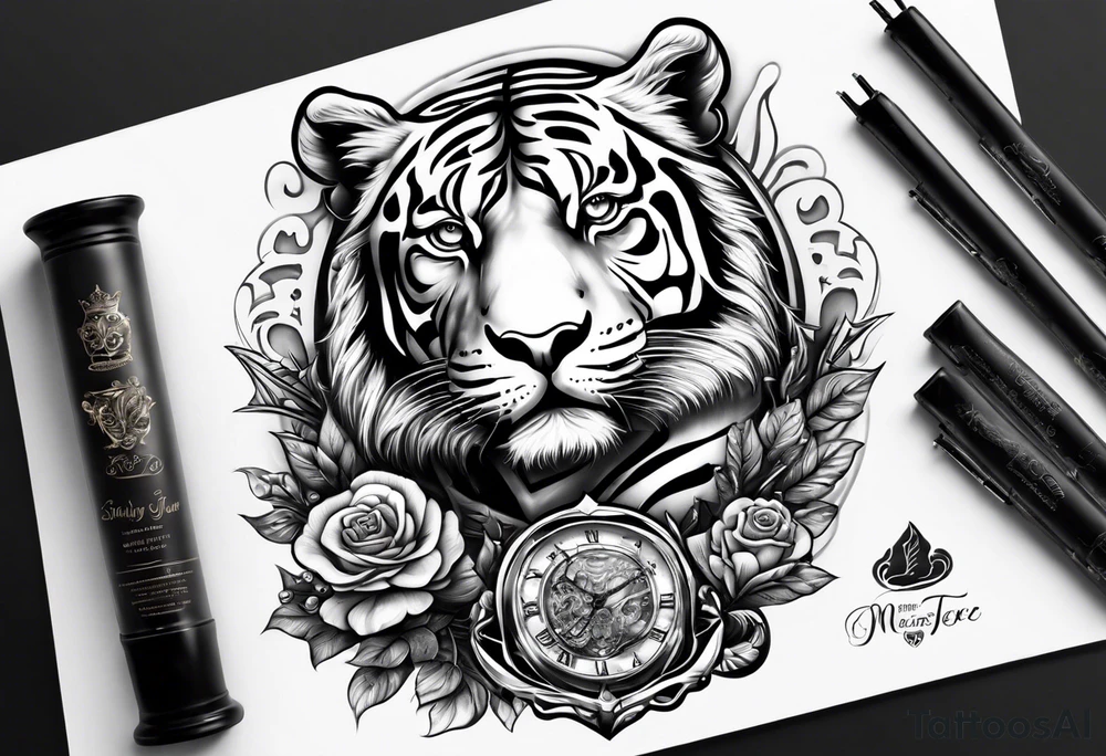 King tiger Hour glass with Brain and heart inside arm sleeve tattoo idea