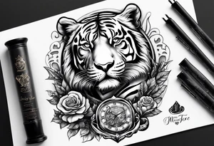 King tiger Hour glass with Brain and heart inside arm sleeve tattoo idea