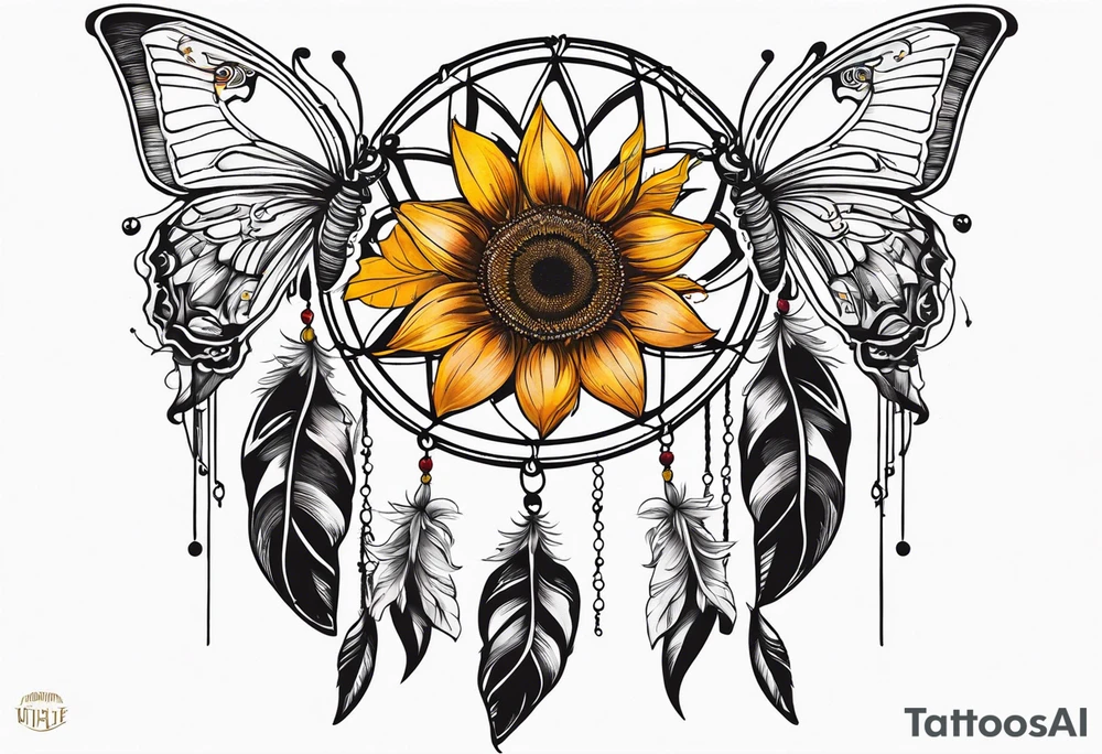 Dream catcher with sunflower in back ground with butterflies tattoo idea