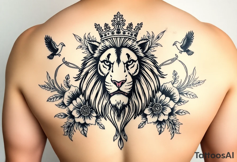 powerful majestic lion with a crown, surrounded by floral ornaments and birds tattoo idea
