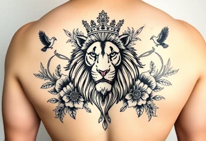 powerful majestic lion with a crown, surrounded by floral ornaments and birds tattoo idea