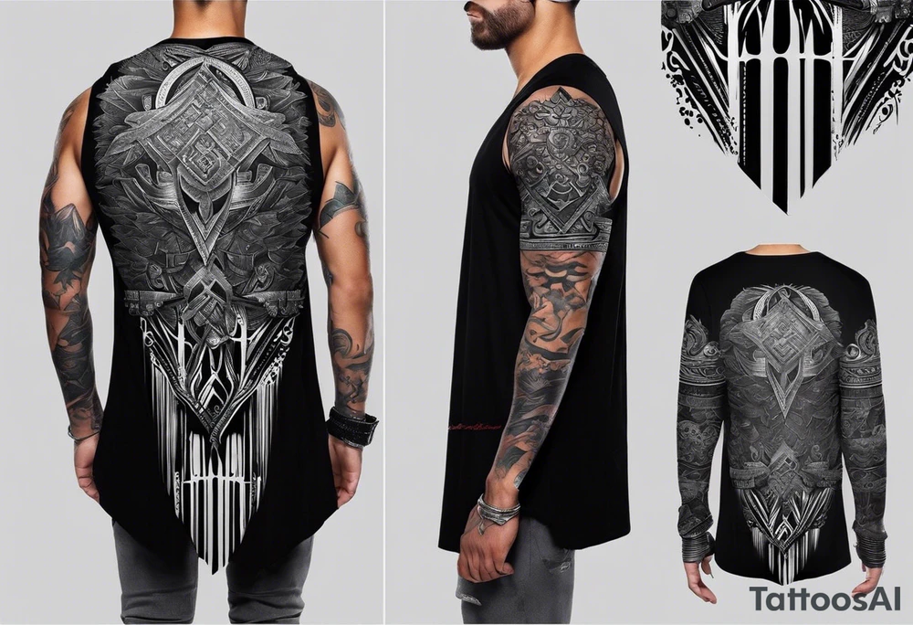 Certainly! Here’s a description for your back tattoo:

---

**Tattoo Description:**

Design: Black work, paint strokes.
Location: Back.
Concept: Dante's Inferno, representing the layers of hell.

**Design Details:**

1. **Vertical Lines:**
   - Two bold, vertical lines run parallel up the spine, symbolizing the journey through the depths of Dante's Inferno.

2. **Horizontal Lines:**
   - Nine horizontal lines intersect the vertical lines, each representing one of the nine circles of hell.
   - The lines descend down the back, each becoming progressively shorter and narrower to signify the decreasing levels of hell's circles.
   - The paint stroke style gives the lines a dynamic, brush-painted appearance, enhancing the dramatic and artistic effect.

3. **Overall Style:**
   - The black work technique ensures a striking contrast, with deep black ink emphasizing the severity and depth of the concept.
   - The paint stroke style adds an element of fluidity and movement, symbolizing the chaotic and tortured nature of hell as depicted in Dante’s Inferno.

---

This description provides a clear and detailed vision for your tattoo artist to work from, capturing the essence and symbolism of Dante’s Inferno in a powerful and visually striking way. tattoo idea
