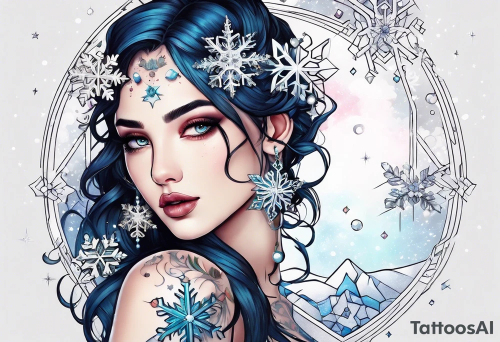 Constellation, girl, snowflake tattoo idea
