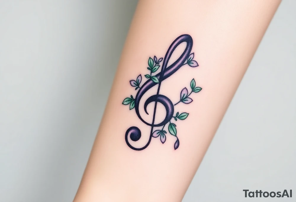 A treble clef with intricate floral vines, wrapping around the staff in soft green and lavender tones tattoo idea