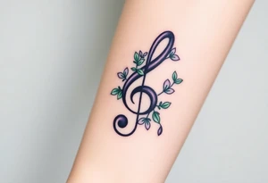 A treble clef with intricate floral vines, wrapping around the staff in soft green and lavender tones tattoo idea