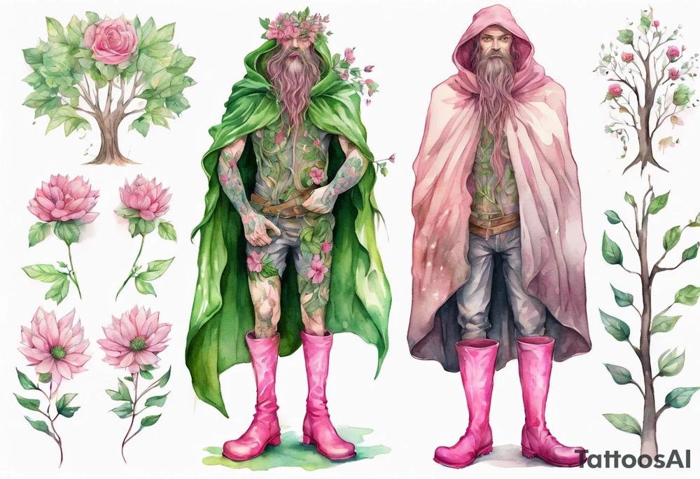 A tall, beautiful tree-man hybrid with flower hair and a cloak made of leaves. Wearing pink medieval boots. tattoo idea