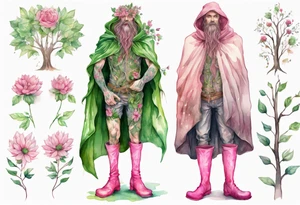 A tall, beautiful tree-man hybrid with flower hair and a cloak made of leaves. Wearing pink medieval boots. tattoo idea