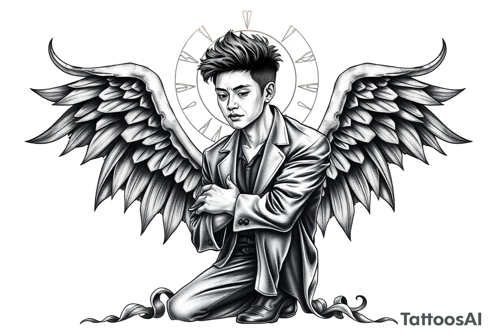 Handsome Asian young guy is standing on his knees sorry tattoo idea