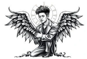 Handsome Asian young guy is standing on his knees sorry tattoo idea