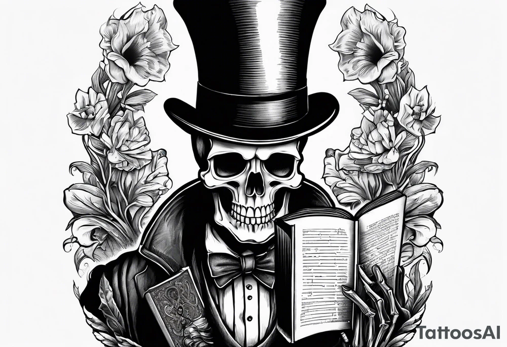 old time skeleton wearing a top hat holding a holy bible tattoo idea
