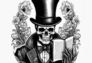 old time skeleton wearing a top hat holding a holy bible tattoo idea