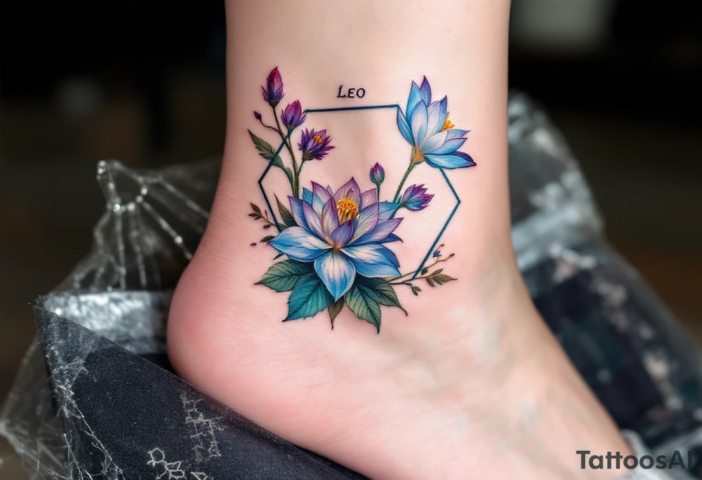 Leo sign, larkspur and water lily surrounded by a hexagon tattoo idea