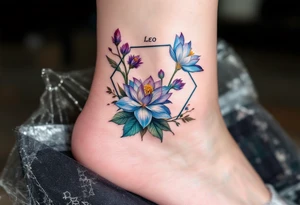 Leo sign, larkspur and water lily surrounded by a hexagon tattoo idea