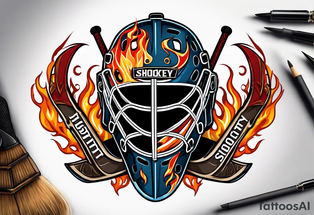 a puck hitting a goalie mask with crossed hockey sticks and flames that says "SHOT HOCKEY" tattoo idea