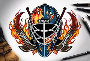 a puck hitting a goalie mask with crossed hockey sticks and flames that says "SHOT HOCKEY" tattoo idea