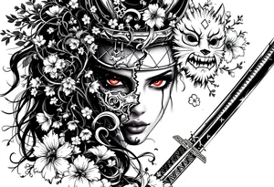 Woman samurai with red eyes holding an half and broken kitsune mask , holding 
two katana and Sakura flowers ornement
Tatoo is for upper arm tattoo idea