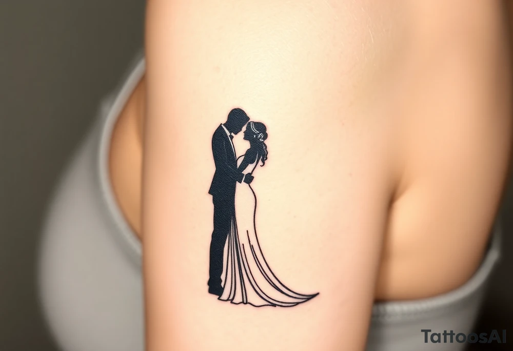 A black and white silhouette of a bride and groom in a romantic embrace, with soft golden highlights for warmth and elegance tattoo idea