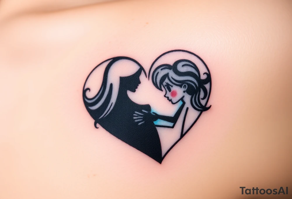 A mother and child shadow inside a heart-shaped puzzle piece, in black and white with a subtle blue glow tattoo idea