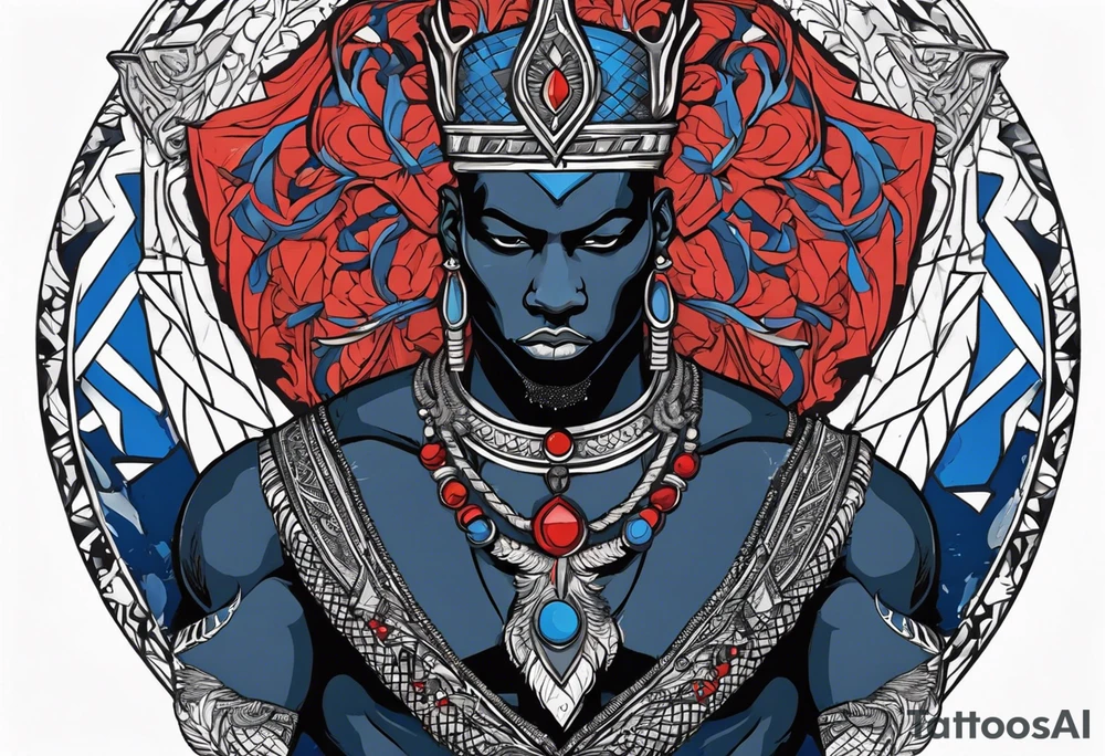 An african god, a bald black-skinned warrior, that uses a sword and a silver crown. He also uses blue and red necklaces tattoo idea