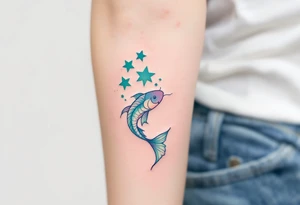 In this tattoo, a gradient of sea-green and teal forms the Pisces stars with the zodiac glyph in matching hues. tattoo idea