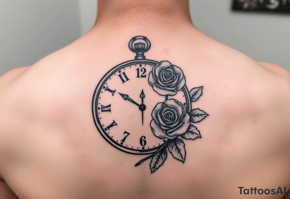 Clock showing 12:56 with rose tattoo idea