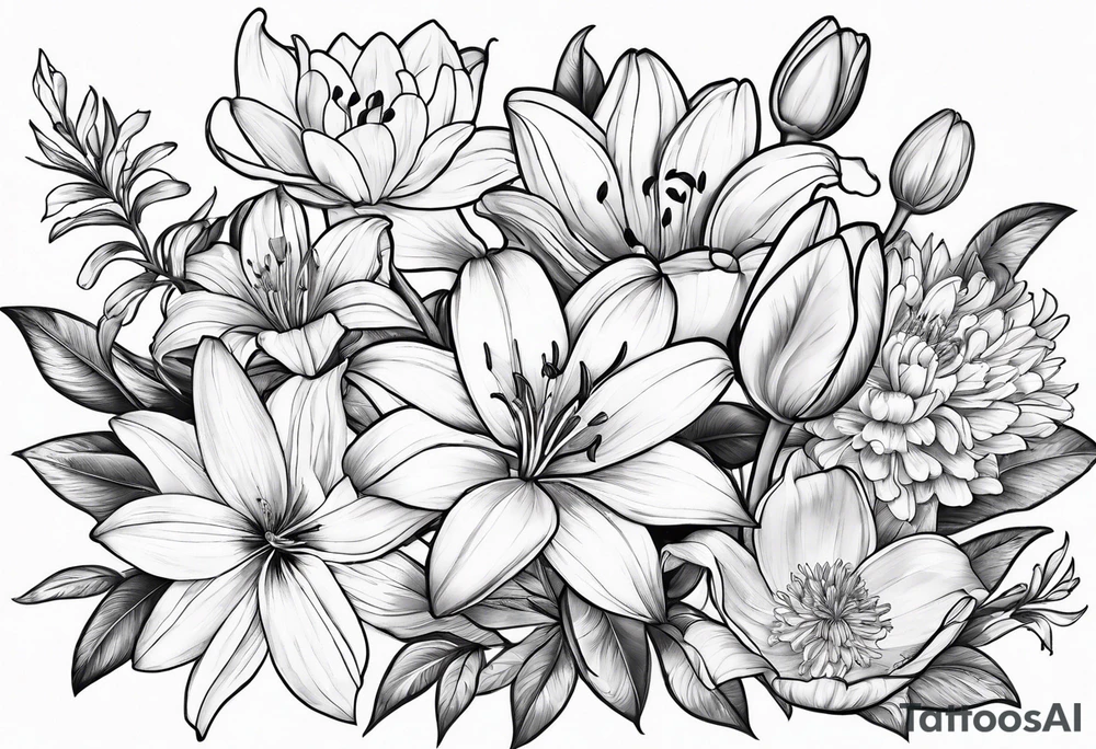 lily, marigold, tulip, cosmo, and aster tattoo idea
