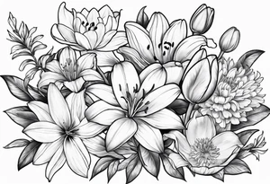 lily, marigold, tulip, cosmo, and aster tattoo idea