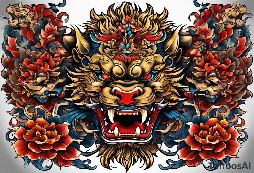 Double sided chest piece, done in Neo Japanese style of Okinawa shisa. On one side is the male with his mouth open to fend off evil, and the other side, the femal with her mouth closed to keep good in. tattoo idea