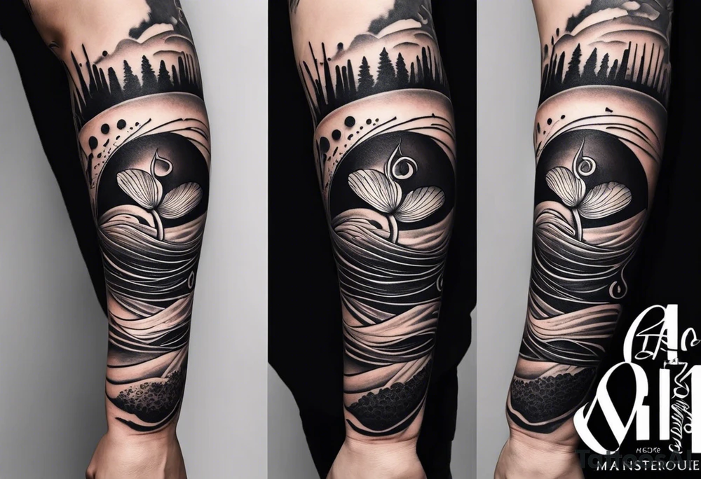 a simple line of icons down the back of the arm. there are four icons in this order:

1. a music note on a staff
2. a wave of water
3. a pocket
4. mushroom tattoo idea