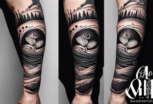 a simple line of icons down the back of the arm. there are four icons in this order:

1. a music note on a staff
2. a wave of water
3. a pocket
4. mushroom tattoo idea