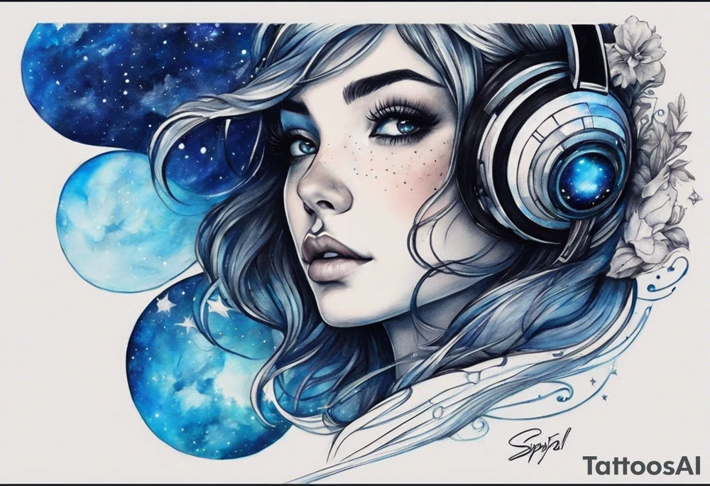 I want the outside black like the space and the galaxy blue different shades  Galaxy spyral tattoo the ones that look like an s shape because they are spinning so fast I want it in all blue but different shades of blue and it will be on my ass cheek so make it cute and conples and very aesthetic tattoo idea