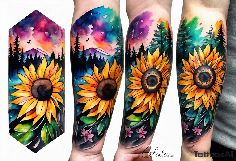 Watercolor forearm tattoo, 4 inches. Black kite (Daya's name), nature (trees/flowers), rock/metal vibe (bold lines), sunflower. Bright colors! tattoo idea