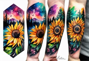 Watercolor forearm tattoo, 4 inches. Black kite (Daya's name), nature (trees/flowers), rock/metal vibe (bold lines), sunflower. Bright colors! tattoo idea