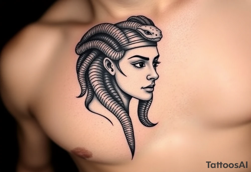 Una reinterpretación del diseño anterior pero al estilo egipcio:

Rostro femenino inspirado en el arte del antiguo Egipto (perfil fino, ojos delineados).

Cabello hecho de cobras negras (como Uadyets, las serpientes sagradas).

Parte del rostro convertido en piedra arenosa, como una estatua rota del desierto. tattoo idea