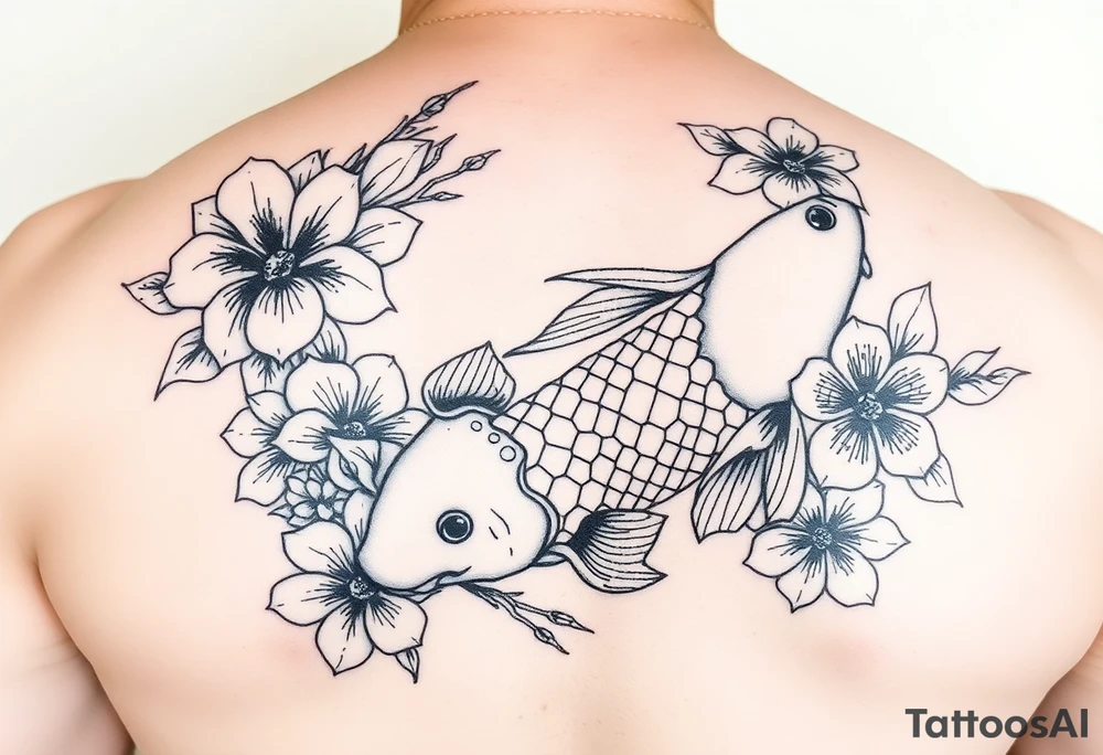 2004 Romain with big koi fish and Japanese blossoms tattoo idea