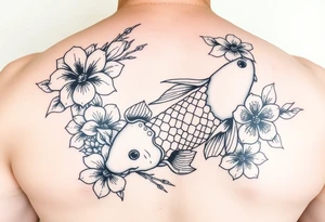 2004 Romain with big koi fish and Japanese blossoms tattoo idea