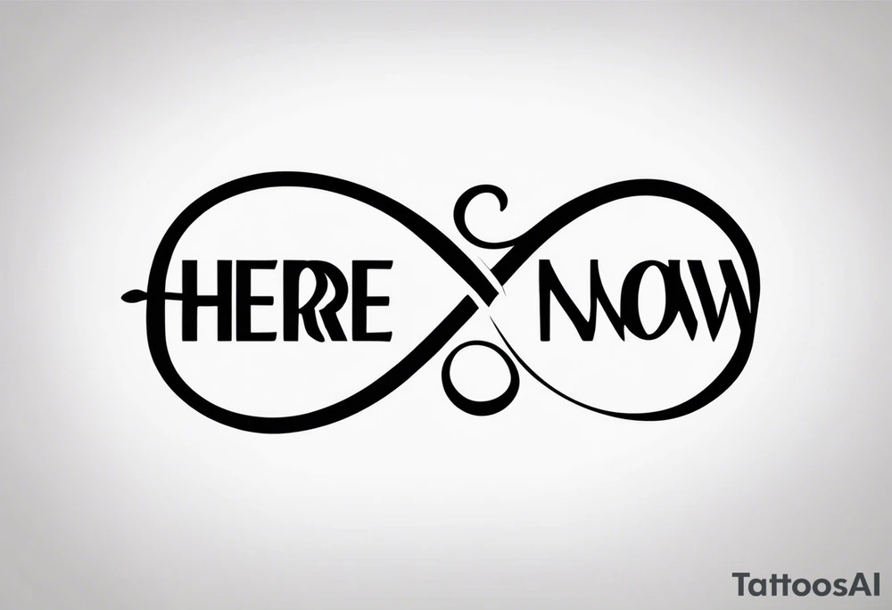 infinity symbol shaped with phrase "here and now" tattoo idea