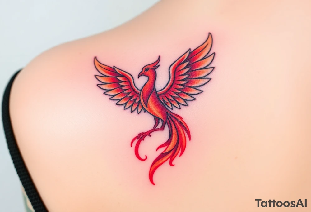 Square, phoenix rising from fire with both wings opened, colors red, pink, orange and purple. tattoo idea