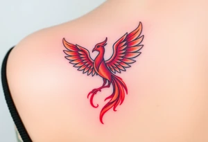 Square, phoenix rising from fire with both wings opened, colors red, pink, orange and purple. tattoo idea