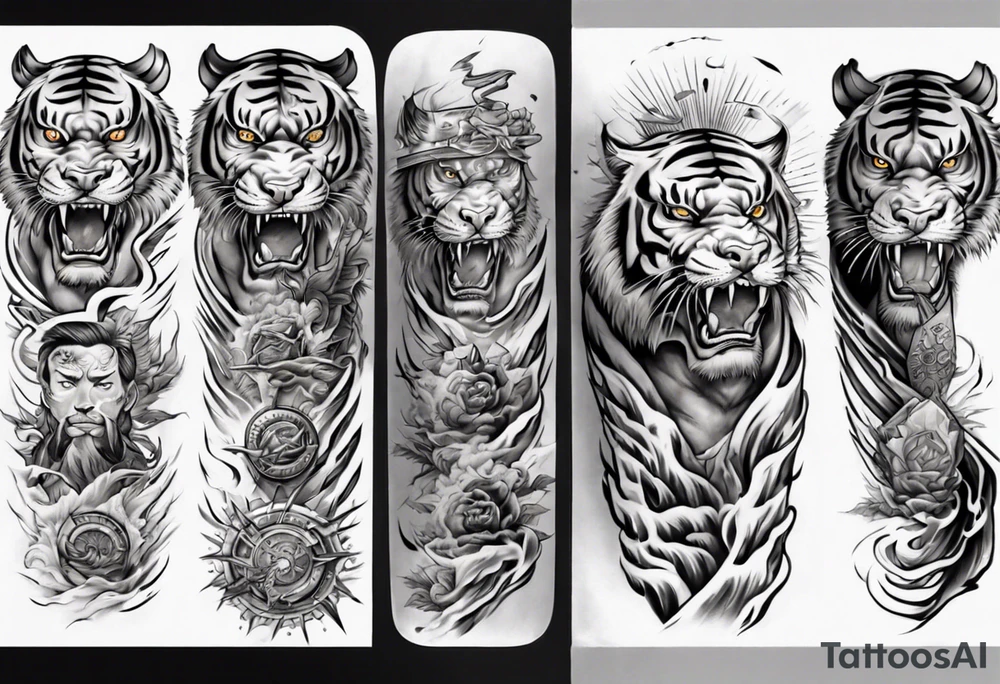 Tiger Warrior sleeve tattoo with lightning and the sun
Forearm sleeve tattoo idea