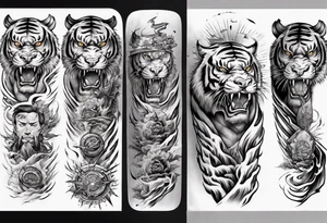 Tiger Warrior sleeve tattoo with lightning and the sun
Forearm sleeve tattoo idea
