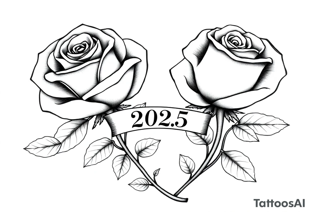 two beautiful large rose buds, one larger than the other, with many leaves next to the rose buds, with one sitting higher than the other. Include a banner connecting the two roses with "2025" on it.   Use dark outlines with little shading. The two stems should be short, not long, and connect and join into one stem, whimsically curved or twisted - not straight down. tattoo idea