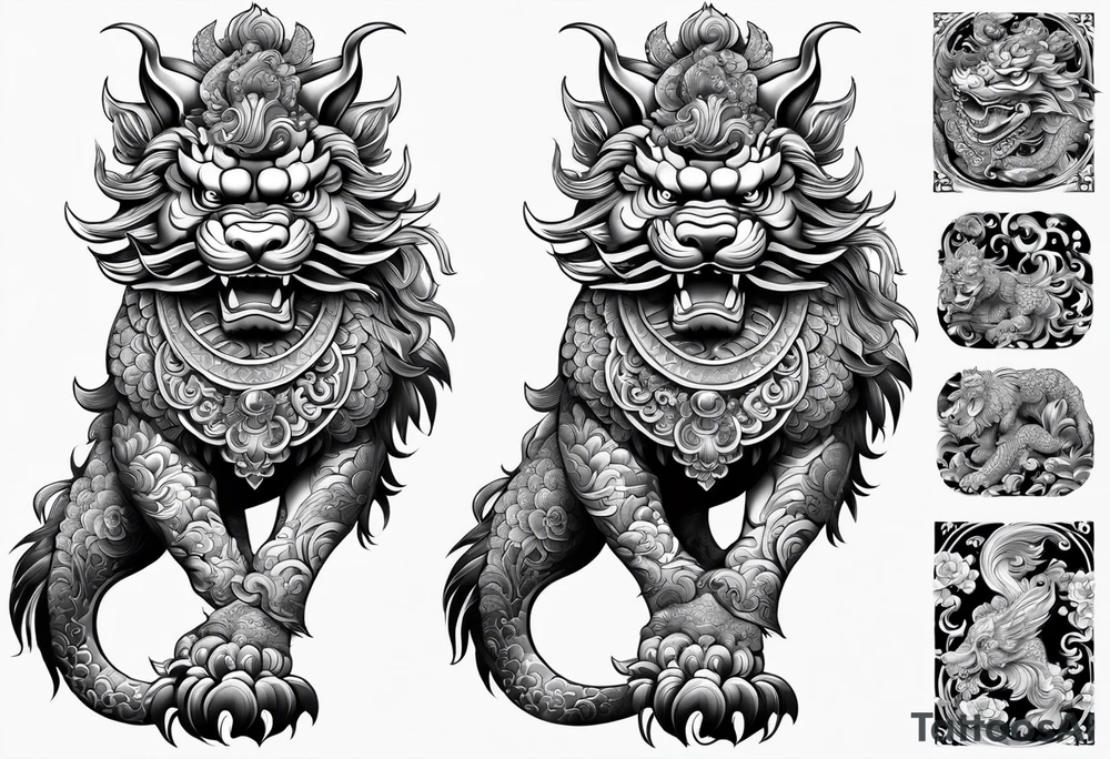 foo dog full body leg sleeve tattoo idea