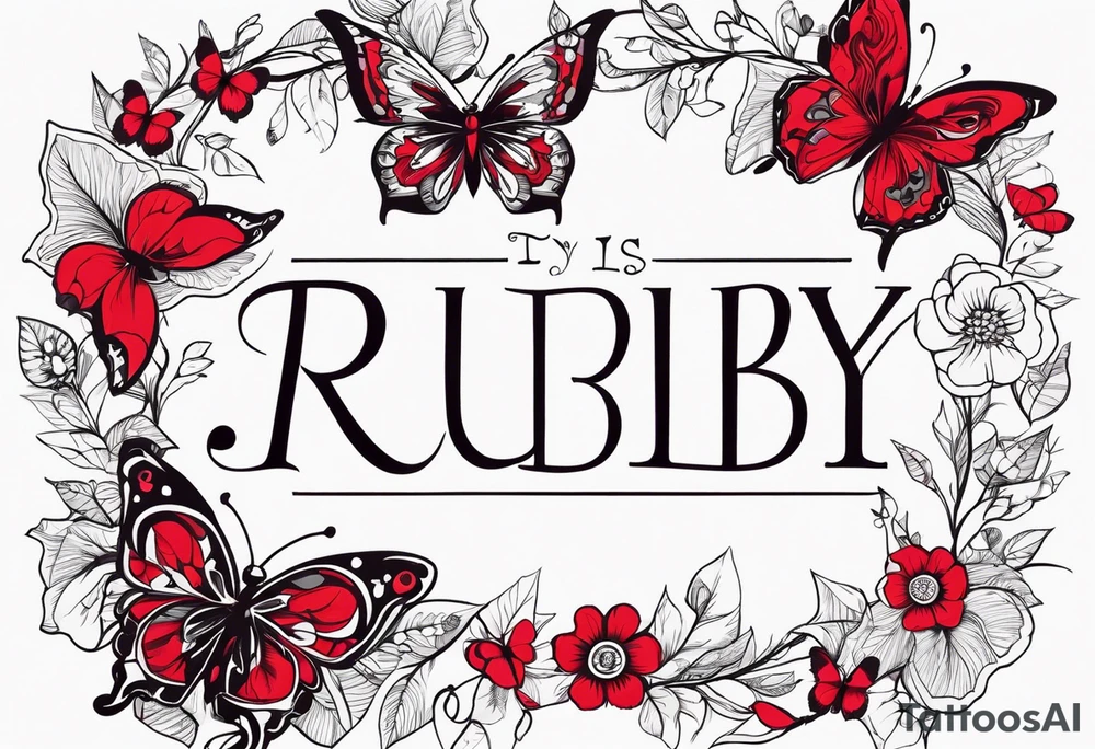 Flowers with Ruby and butterflies around it tattoo idea